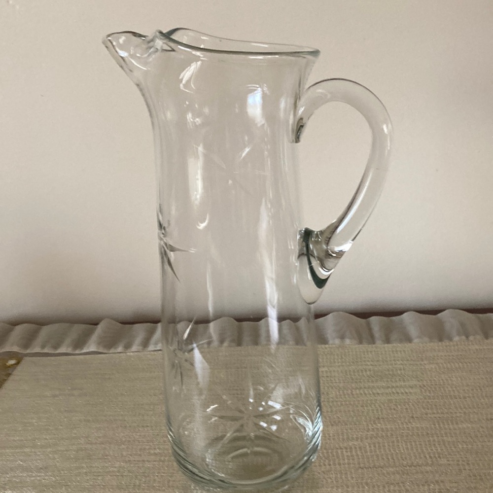 Mid-Century Vintage Clear Glass Etched Water Jug